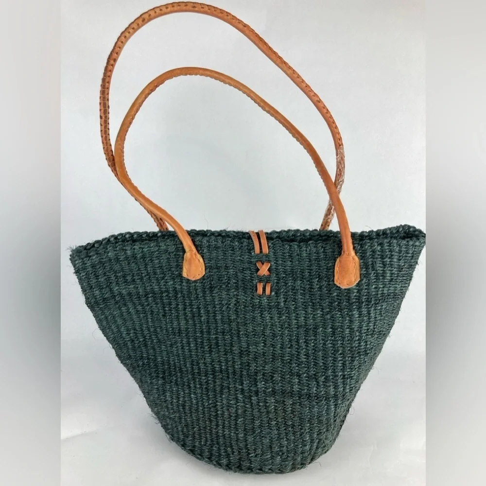 NWOT Handmade woven sisal handbag baskets GREEN w/ leather straps and closure